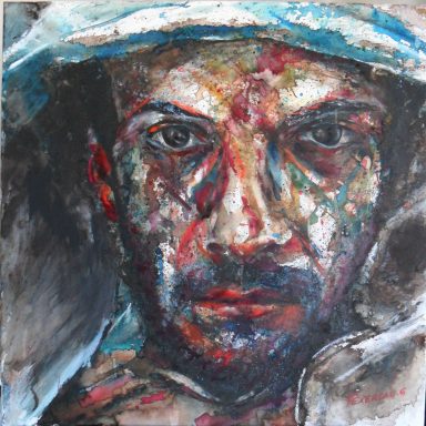 Portrait d'homme à la capuche. regard sombre et méchant.