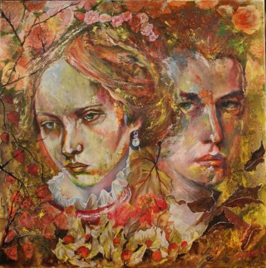 Portrait d'un jeune homme et jeune femme sur fon d floral. Couleurs d'automne. Fin d'une histoire d'amour.