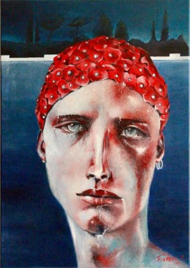 Portrait d'homme au bonnet de bain vintage. yeux clair et triste. Piscine. nageur .
