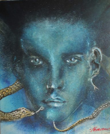 Portrait d'homme bleu avec serpent. Hypnotisant. mythologie