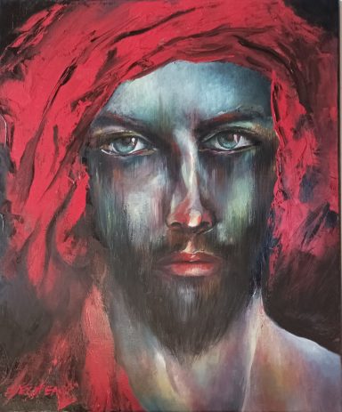 Portrait d'homme au turban rouge. Barbe noir et yeux clairs.