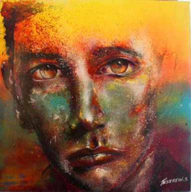 Portrait de jeune homme . Fond coloré. Grand yeux sur le lointain.