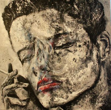 Jeune homme fumant. Bouche entrouverte et sensuelle. Volutes de fumées.
