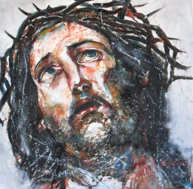 Christ à la couronne d'épine regard et tête tourné vers le haut.