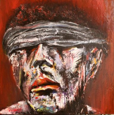 Homme les yeux bandés sur fond rouge. En attente d'être fusillé.