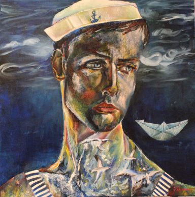 Jeune marin au calot blanc. Marinière. Mer. Cocotte en papier. Albatros. Oiseaux