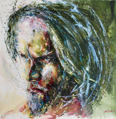 Portrait de guerrier , cheveux au vent et regard noir
