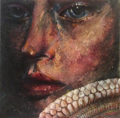 Jeune fille zoomé de profil. Collerette renaissance. Yeux noir et bouche sensuelle 