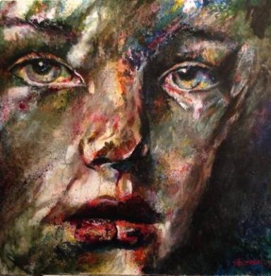 Portrait de jeune garçon zoomé. Fond et visage sombre. Bouche sensuelle et rouge sang