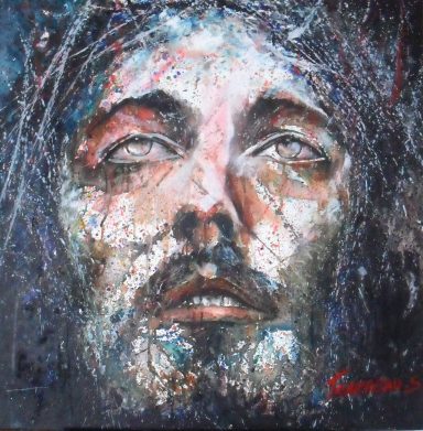 Christ , visage zoomé , regard levé.
