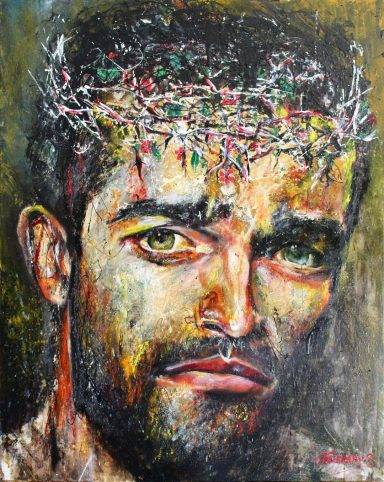 Portrait d'homme brun à la couronne de fleurs.