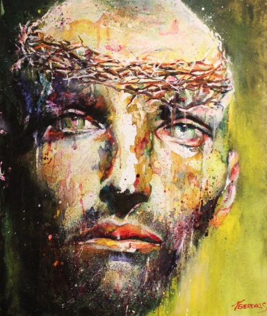 Homme chauve a la couronne d'épines en fleurs. Lumière d'or et yeux clairs